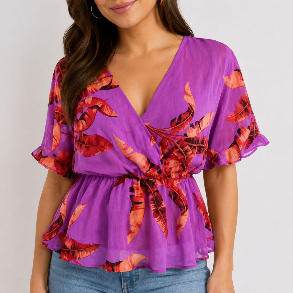 Sofia Jeans by Sofia Vergara XS Purple Tropical Wrap Peplum Blouse Ruffle Sleeve